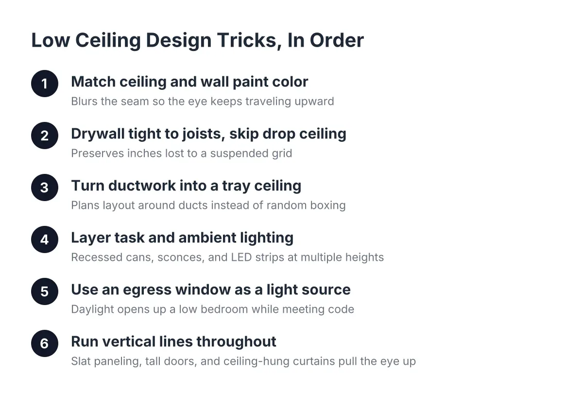 Numbered sequence of low ceiling design tricks for an 8-foot basement