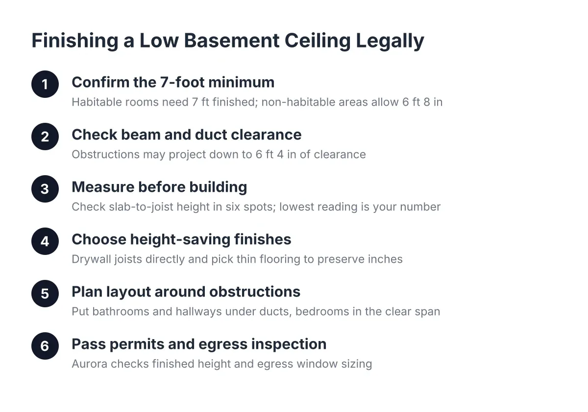 Process steps for making low ceilings code-legal in an Aurora basement bedroom