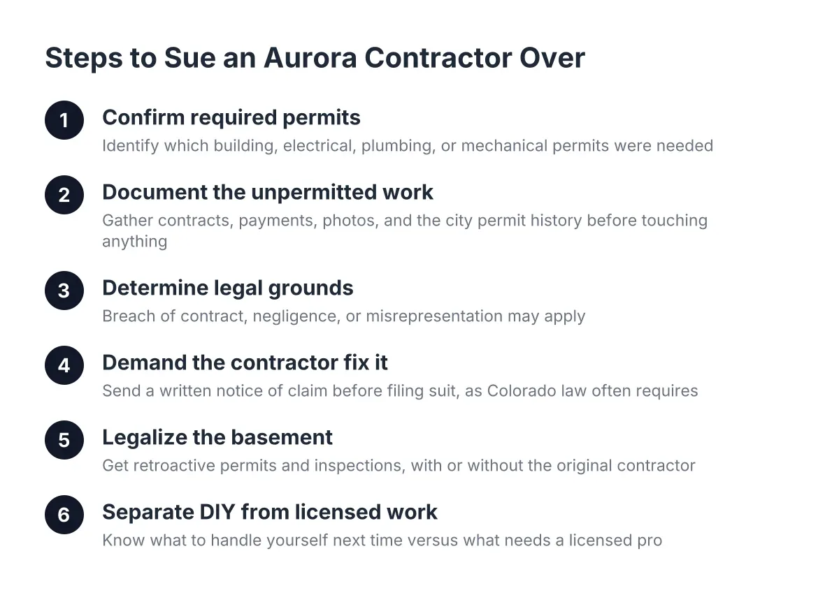 Six steps to sue an Aurora contractor for an unpermitted basement finish