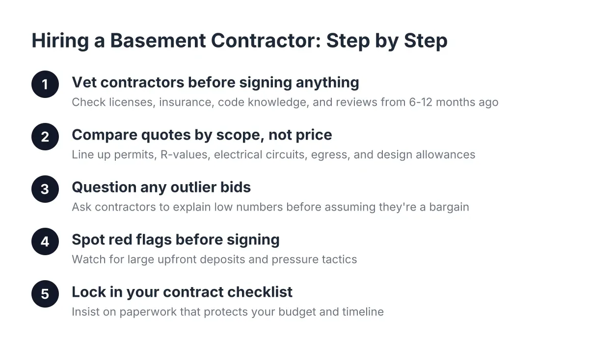 Process steps for hiring basement contractors near me, from vetting to signing a contract