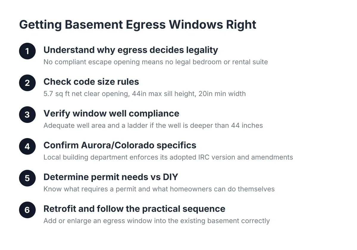 Steps showing basement egress window requirements from code rules to permit and retrofit